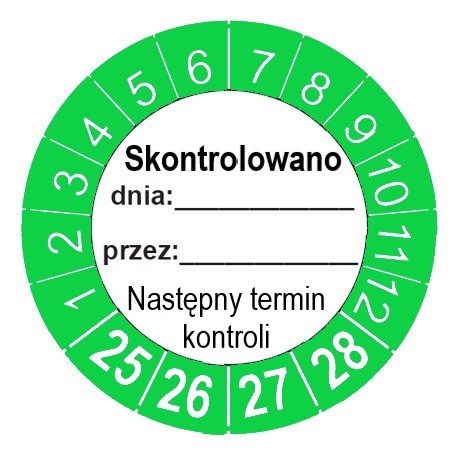 Naklejki kontroli, TYP-6, "Skontrolowano", okrągłe Ø 40mm, na lata 25-28 - 12szt.