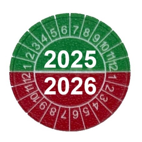 Naklejki przeglądów TYP-4, Ø 25mm, dwudzielne na lata "2024/2025" pomarańczowo-żółte, arkusz 20szt.