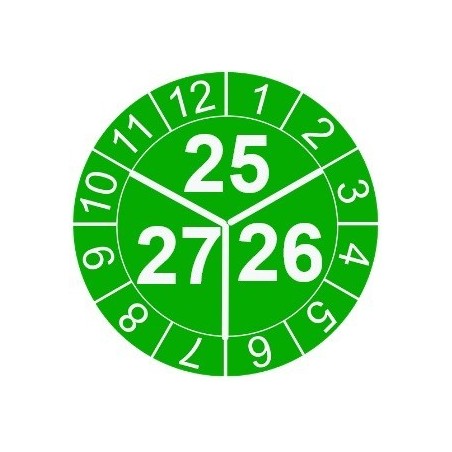 Naklejki przeglądów TYP-3, Ø 20mm, trójdzielna na lata "21/22/23", zielone, 35szt.