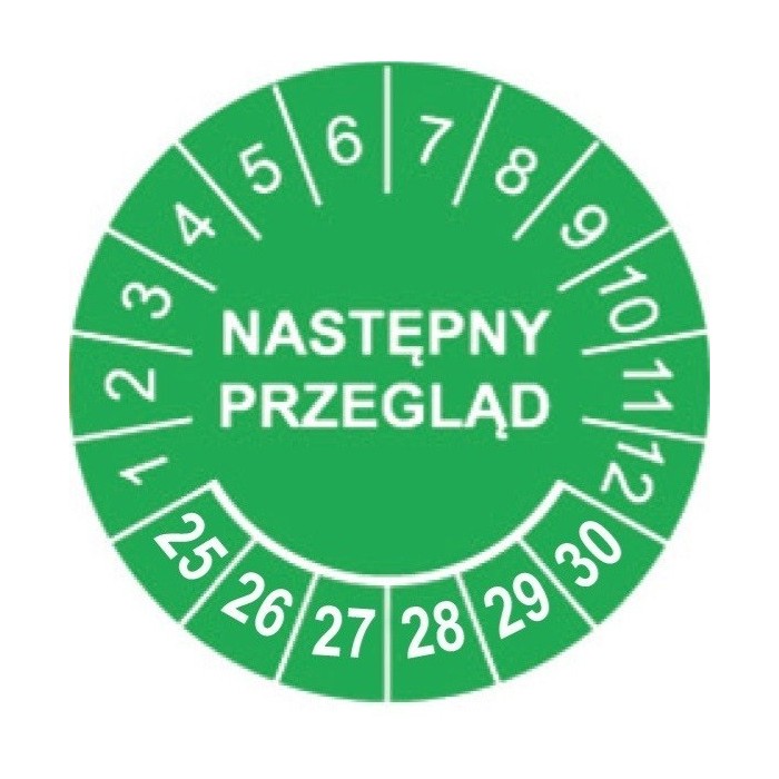 Etykiety inspekcyjne: Następny przegląd, TYP-5, okrągłe Ø 20mm, na lata 25-30 - 35szt.