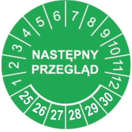 Etykiety inspekcyjne: Następny przegląd, TYP-5, okrągłe Ø 20mm, na lata 25-30 - 35szt.