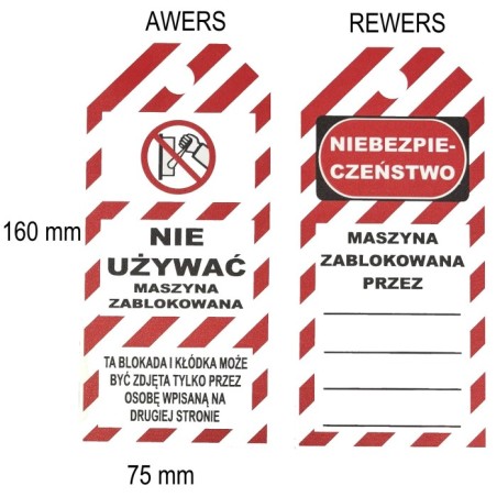 Standardowa przywieszka - TAG - zawieszka ostrzegawcza LOTO, dwustronna, 75x160mm