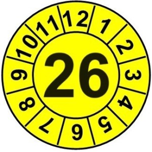 Naklejki przeglądów TYP-1, Ø25mm, rok "26", kolor do wyboru, arkusz 20szt.