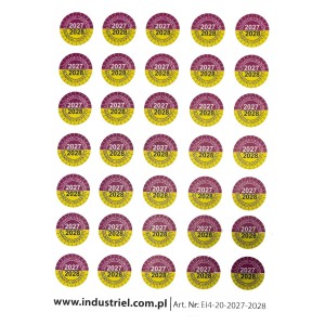 EI4-20-2027-2028 Naklejki przeglądów TYP-4, Ø 20mm, dwudzielne na lata "2027/2028", arkusz 35szt.