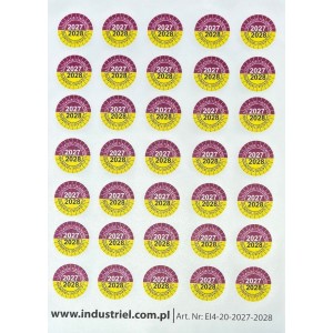 EI4-20-2027-2028 Naklejki przeglądów TYP-4, Ø 20mm, dwudzielne na lata "2027/2028", arkusz 35szt.