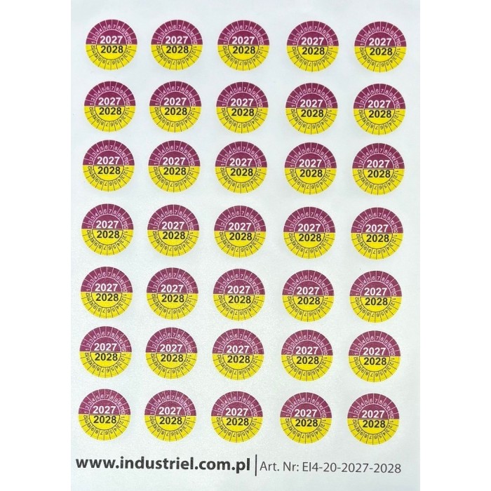 EI4-20-2027-2028 Naklejki przeglądów TYP-4, Ø 20mm, dwudzielne na lata "2027/2028", arkusz 35szt.
