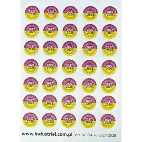 EI4-20-2027-2028 Naklejki przeglądów TYP-4, Ø 20mm, dwudzielne na lata "2027/2028", arkusz 35szt.