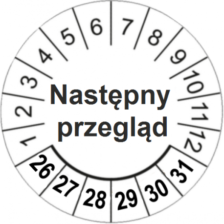 Etykiety inspekcyjne: Następny przegląd, TYP-5, okrągłe Ø 20mm, na lata 26-31 - 35szt.