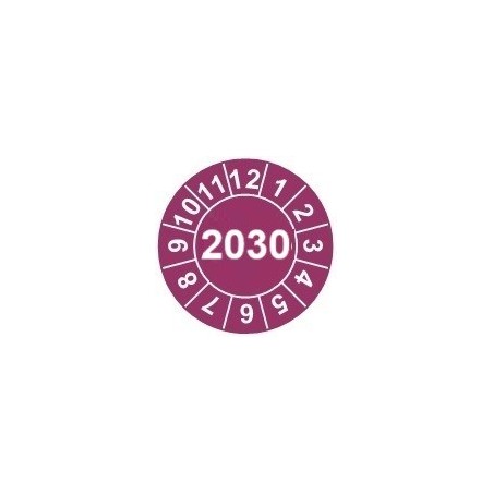 Naklejki przeglądów TYP-2, Ø 15mm, rok "2030", wybór koloru, arkusz 63 szt.