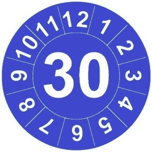 Naklejki przeglądów TYP-1, Ø15mm, rok "30", kolor do wyboru, arkusz 63szt.