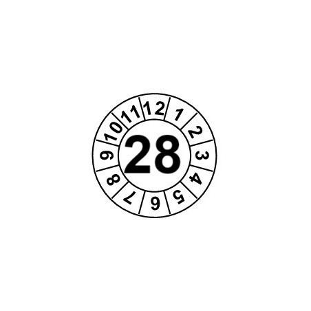 Naklejki przeglądów TYP-1, Ø15mm, rok "28", kolor do wyboru, arkusz 63szt.
