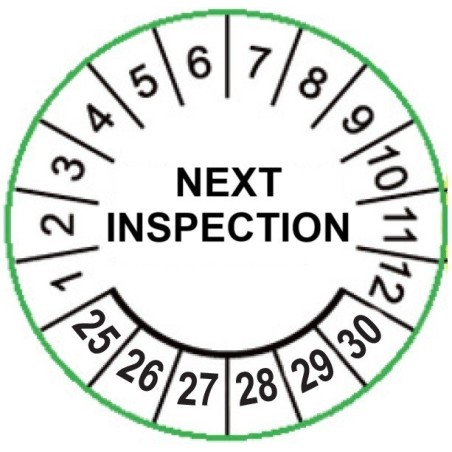 Etykiety inspekcyjne, naklejki przeglądowe, TYP-5, Next Inspection, okrągłe Ø 15mm, na lata 24-29 - 63szt.