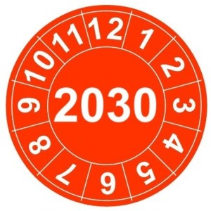 Naklejki przeglądów TYP-2, Ø 15mm, rok "2030", wybór koloru, arkusz 63 szt.