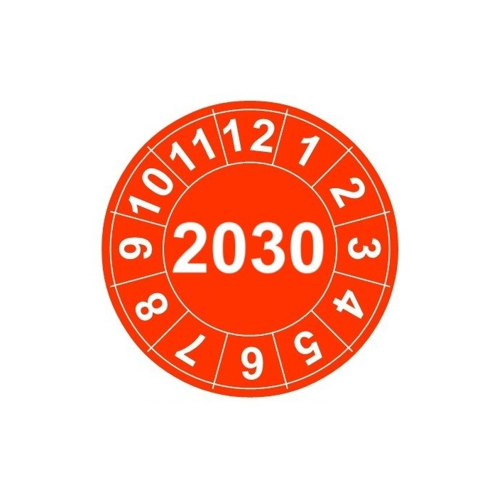 Naklejki przeglądów TYP-2, Ø 15mm, rok "2030", wybór koloru, arkusz 63 szt.