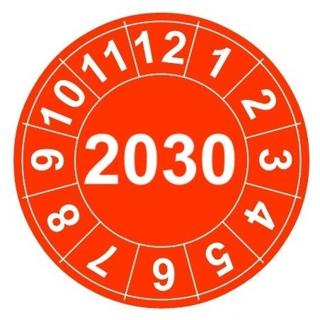 Naklejki przeglądów TYP-2, Ø 15mm, rok "2030", wybór koloru, arkusz 63 szt.