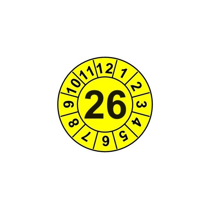 Naklejki przeglądów TYP-1, Ø15mm, rok "26", kolor do wyboru, arkusz 63szt.