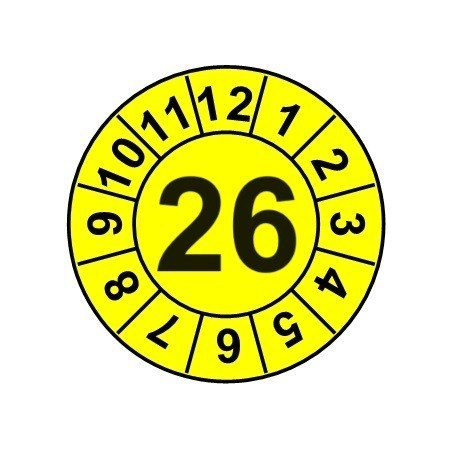 Naklejki przeglądów TYP-1, Ø15mm, rok "26", kolor do wyboru, arkusz 63szt.