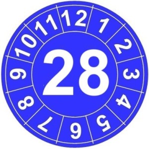 Naklejki przeglądów TYP-1, Ø 25mm, rok "28", kolor do wyboru, arkusz 20szt.