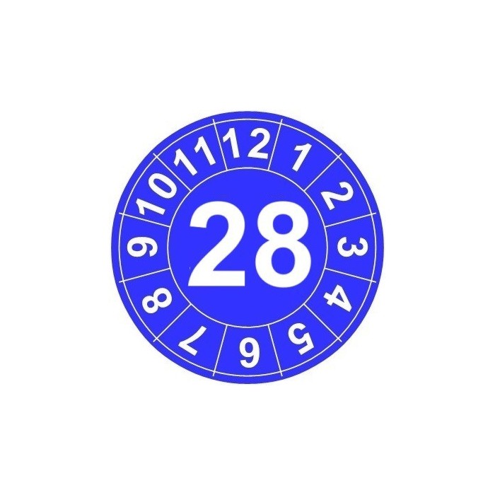 Naklejki przeglądów TYP-1, Ø 25mm, rok "28", kolor do wyboru, arkusz 20szt.