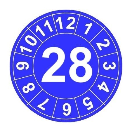 Naklejki przeglądów TYP-1, Ø 25mm, rok "28", kolor do wyboru, arkusz 20szt.