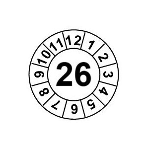 Naklejki przeglądów TYP-1, Ø 20mm, rok "26", wybór kolorów, arkusz 25 szt.