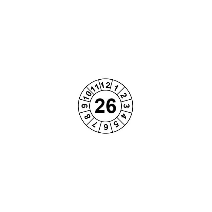 Naklejki przeglądów TYP-1, Ø 20mm, rok "26", wybór kolorów, arkusz 25 szt.