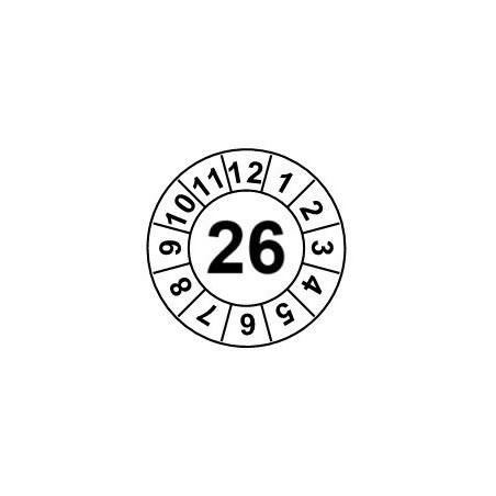 Naklejki przeglądów TYP-1, Ø 20mm, rok "26", wybór kolorów, arkusz 25 szt.