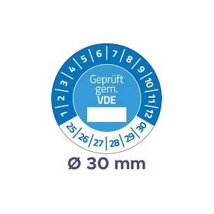 Etykiety inspekcyjne winylowe na lata 25-30, Gerüftgem. VDE, Ø30, niebieskie, 80 szt.