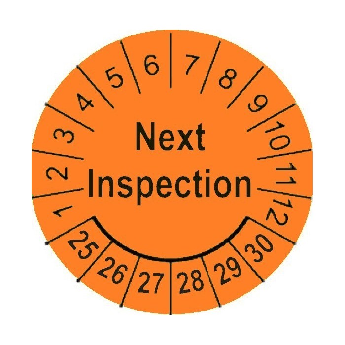 Etykiety inspekcyjne, naklejki przeglądowe, TYP-5, Next Inspection, okrągłe Ø 15mm, na lata 24-29 - 63szt.