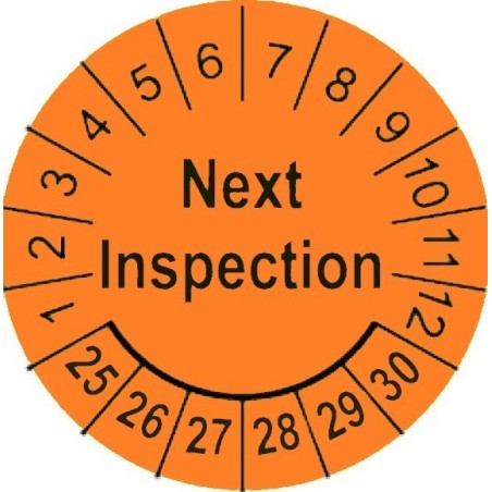 Etykiety inspekcyjne, naklejki przeglądowe, TYP-5, Next Inspection, okrągłe Ø 15mm, na lata 24-29 - 63szt.