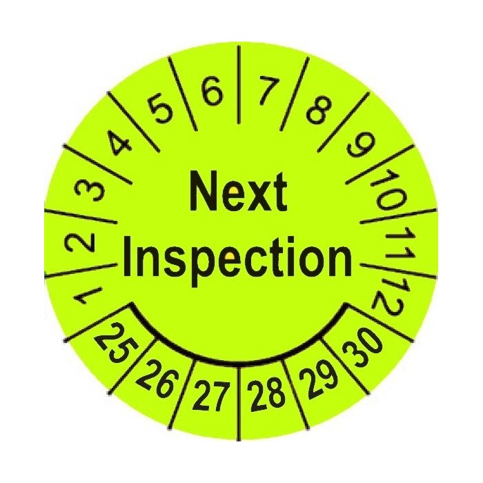 Etykiety inspekcyjne, naklejki przeglądowe, TYP-5, Next Inspection, okrągłe Ø 15mm, na lata 24-29 - 63szt.