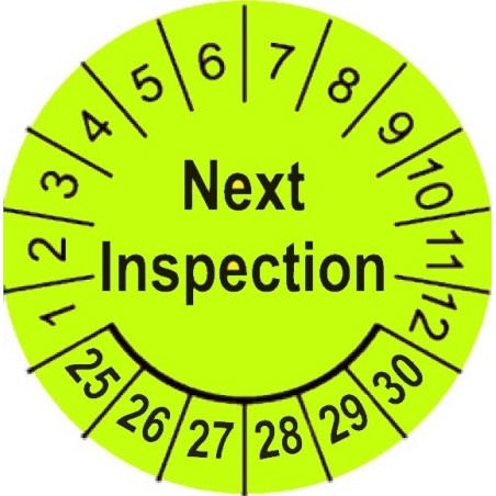 Etykiety inspekcyjne, naklejki przeglądowe, TYP-5, Next Inspection, okrągłe Ø 15mm, na lata 24-29 - 63szt.