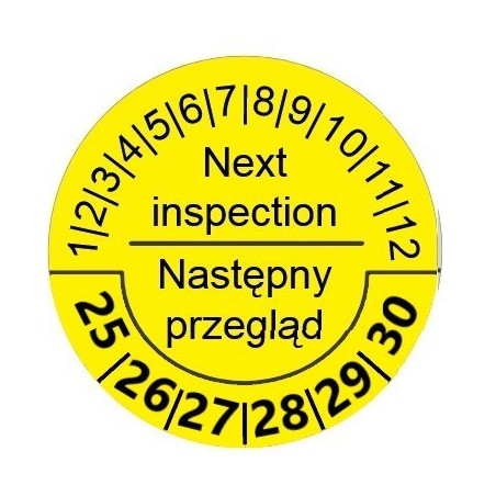 Naklejki Następny Przegląd, foliowe, TYP-5, okrągłe Ø 30mm, na 6 lat - 48szt.