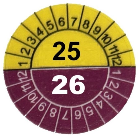 Naklejki przeglądów TYP-3, Ø 25mm, dwudzielne na lata "25/26" żółto/fioletowe, arkusz 20szt.