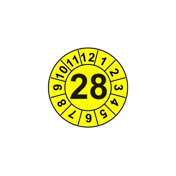 Naklejki przeglądów TYP-1, Ø15mm, rok "28", kolor do wyboru, arkusz 63szt.