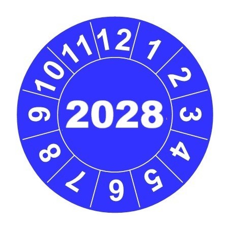 Naklejki przeglądów TYP-2, Ø 20mm,  rok "2028", arkusz 35szt.