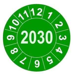 Naklejki przeglądów TYP-2, Ø 15mm, rok "2030", wybór koloru, arkusz 63 szt.