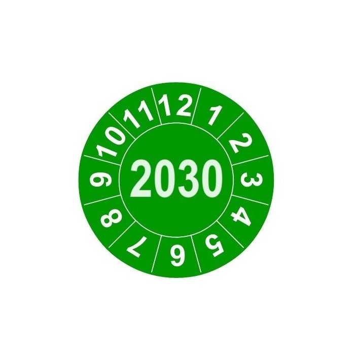 Naklejki przeglądów TYP-2, Ø 15mm, rok "2030", wybór koloru, arkusz 63 szt.