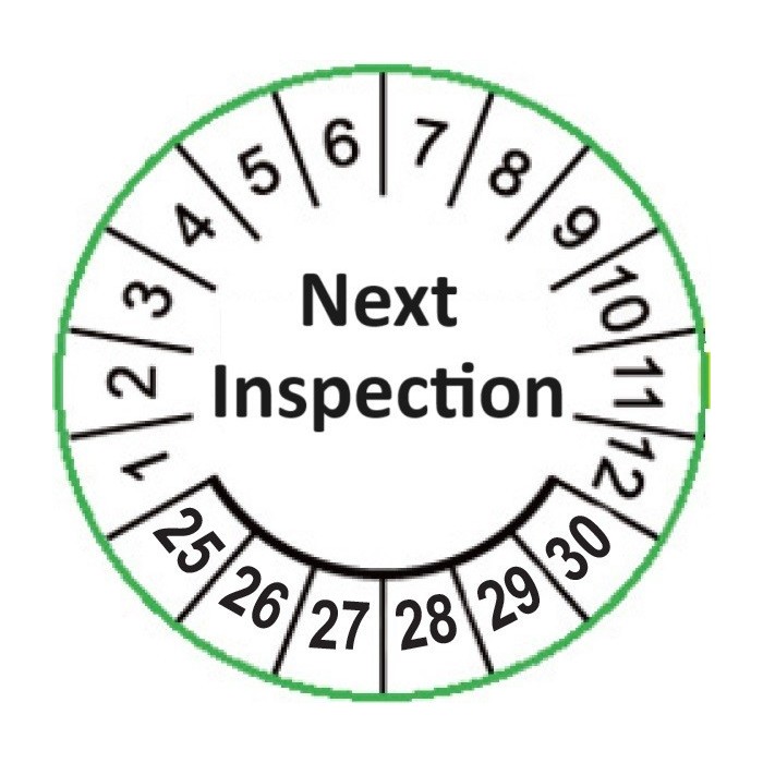 Etykiety inspekcyjne: Next Inspection, TYP-5, okrągłe Ø 30mm, na lata 25-30 - 20szt.