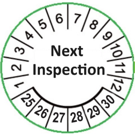 Etykiety inspekcyjne: Next Inspection, TYP-5, okrągłe Ø 30mm, na lata 25-30 - 20szt.