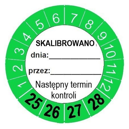 Etykiety inspekcyjne, TYP-6, "Skalibrowano", okrągłe Ø 30mm, na lata 24/27 - 20szt.