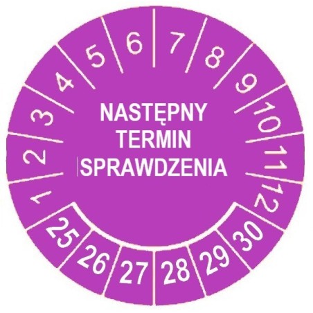 Etykiety inspekcyjne, naklejki przeglądowe, TYP-5, Nasteępny Termin Sprawdzenia, okrągłe Ø 15mm, na lata 25-30 - 63szt.
