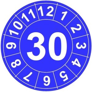 Naklejki przeglądów TYP-1, Ø 20mm, rok "30", wybór kolorów, arkusz 25 szt.