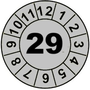 Naklejki przeglądów TYP-1, Ø 20mm, rok "29", wybór kolorów, arkusz 25 szt.