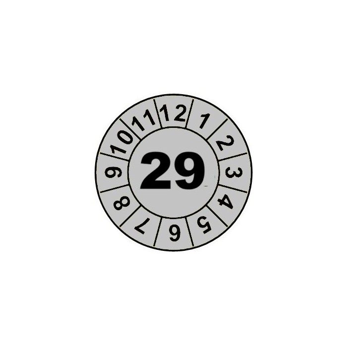 Naklejki przeglądów TYP-1, Ø 20mm, rok "29", wybór kolorów, arkusz 35 szt.