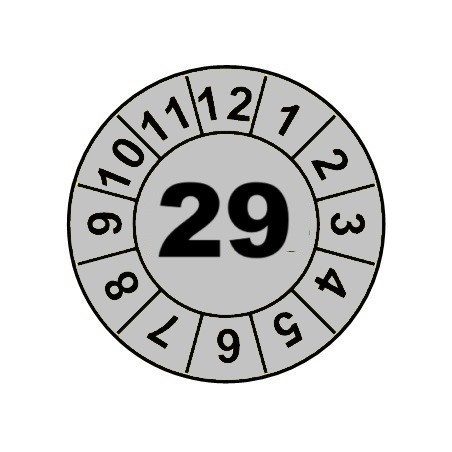 Naklejki przeglądów TYP-1, Ø 20mm, rok "29", wybór kolorów, arkusz 35 szt.