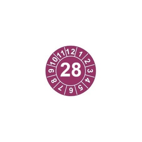 Naklejki przeglądów TYP-1, Ø 20mm, rok "28", wybór kolorów, arkusz 35 szt.