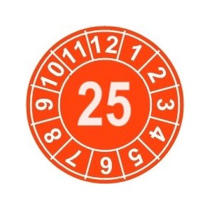 Naklejki przeglądów TYP-1, Ø 35mm, rok "25", kolor pomarańczowy, arkusz 12 szt.