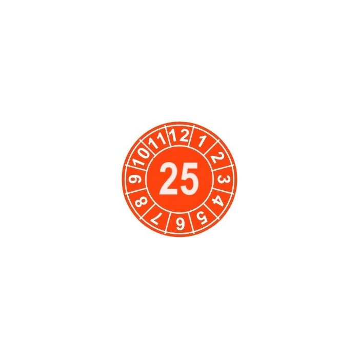 Naklejki przeglądów TYP-1, Ø 35mm, rok "25", kolor pomarańczowy, arkusz 12 szt.