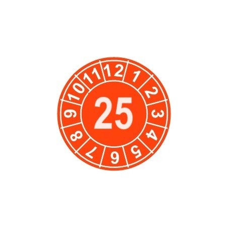 Naklejki przeglądów TYP-1, Ø 35mm, rok "25", kolor pomarańczowy, arkusz 12 szt.